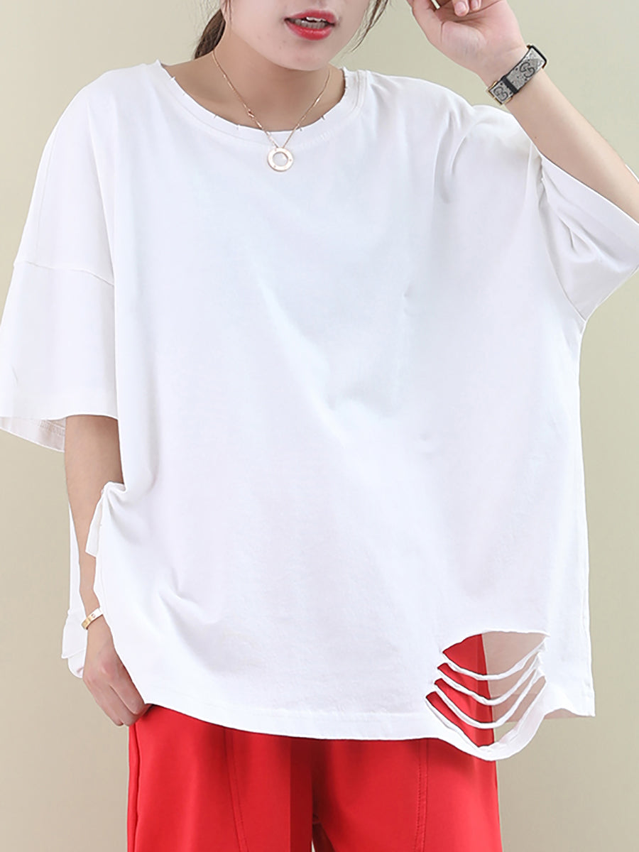Loose Pure Color Hole Hem Summer T-shirt Aa1021