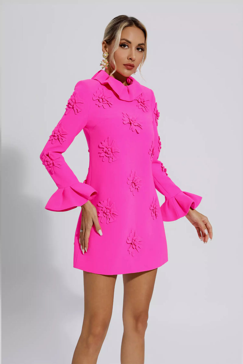 Lorelai Pink Jacquard Long Sleeve Mini Dress