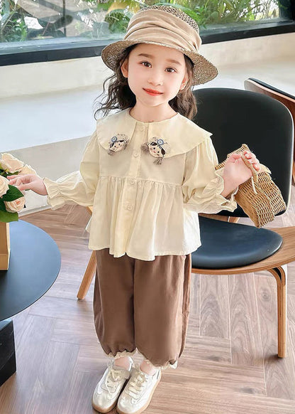 Apricot Shirts and Coffee Crop Pants Cotton Two Pieces Set Flare Sleeve Yu1051