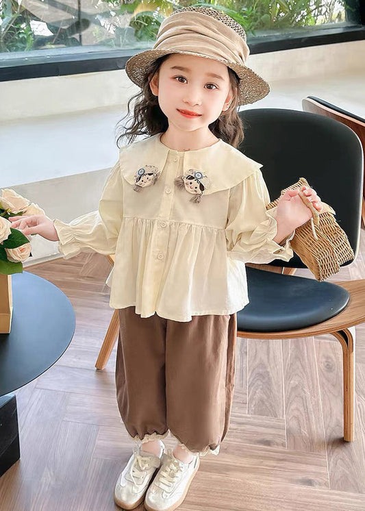 Apricot Shirts and Coffee Crop Pants Cotton Two Pieces Set Flare Sleeve Yu1051