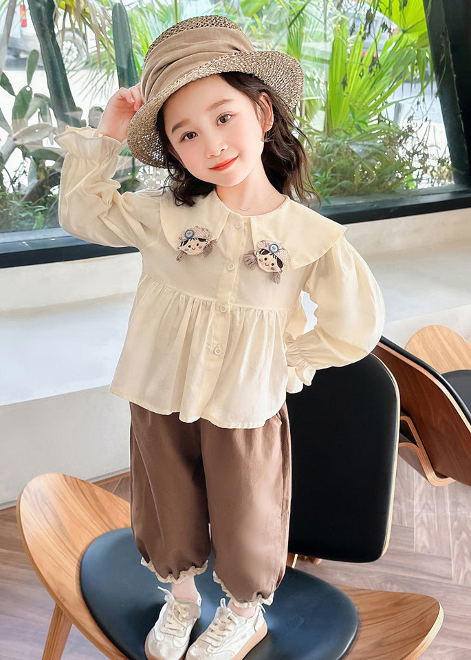 Apricot Shirts and Coffee Crop Pants Cotton Two Pieces Set Flare Sleeve Yu1051