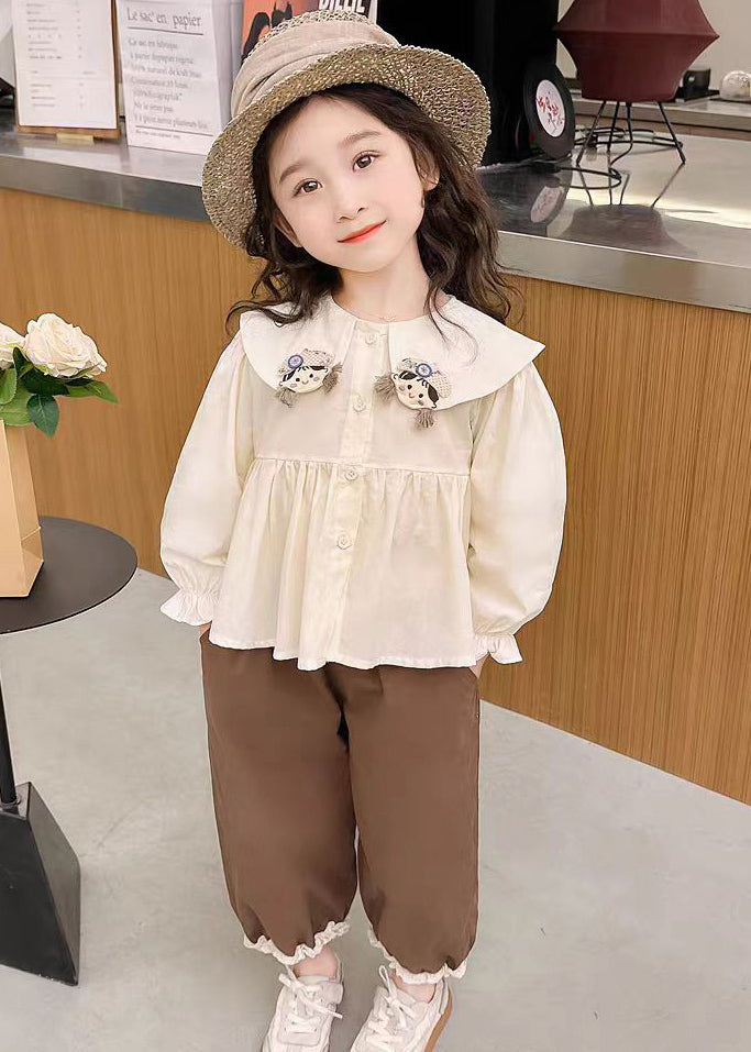 Apricot Shirts and Coffee Crop Pants Cotton Two Pieces Set Flare Sleeve Yu1051