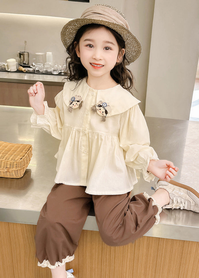Apricot Shirts and Coffee Crop Pants Cotton Two Pieces Set Flare Sleeve Yu1051