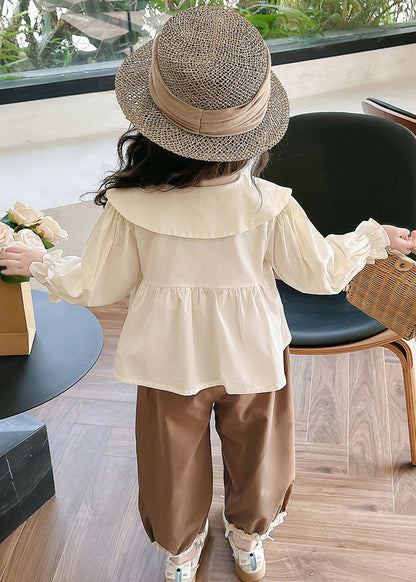 Apricot Shirts and Coffee Crop Pants Cotton Two Pieces Set Flare Sleeve Yu1051