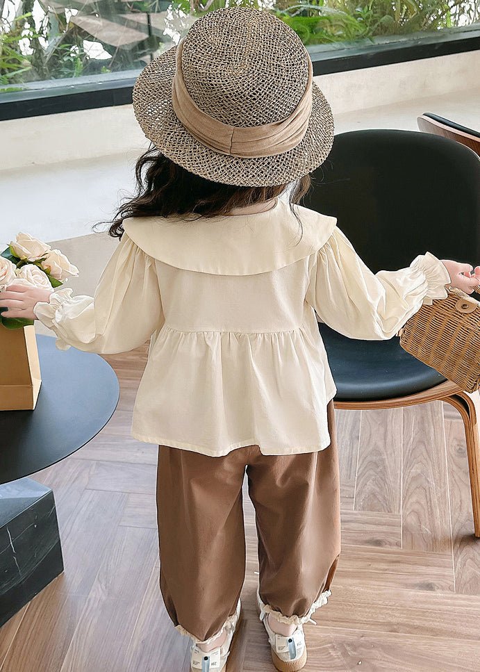 Apricot Shirts and Coffee Crop Pants Cotton Two Pieces Set Flare Sleeve Yu1051