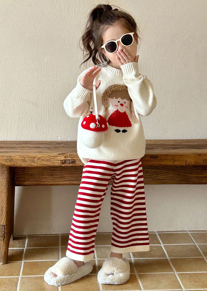 Beige O-neck Character Kids Cotton Knit Sweaters and Flare Trousers Two Pieces Set Spring Tr032