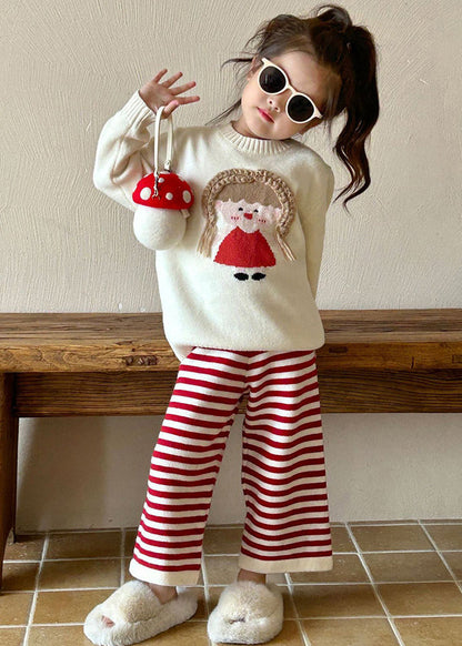 Beige O-neck Character Kids Cotton Knit Sweaters and Flare Trousers Two Pieces Set Spring Tr032