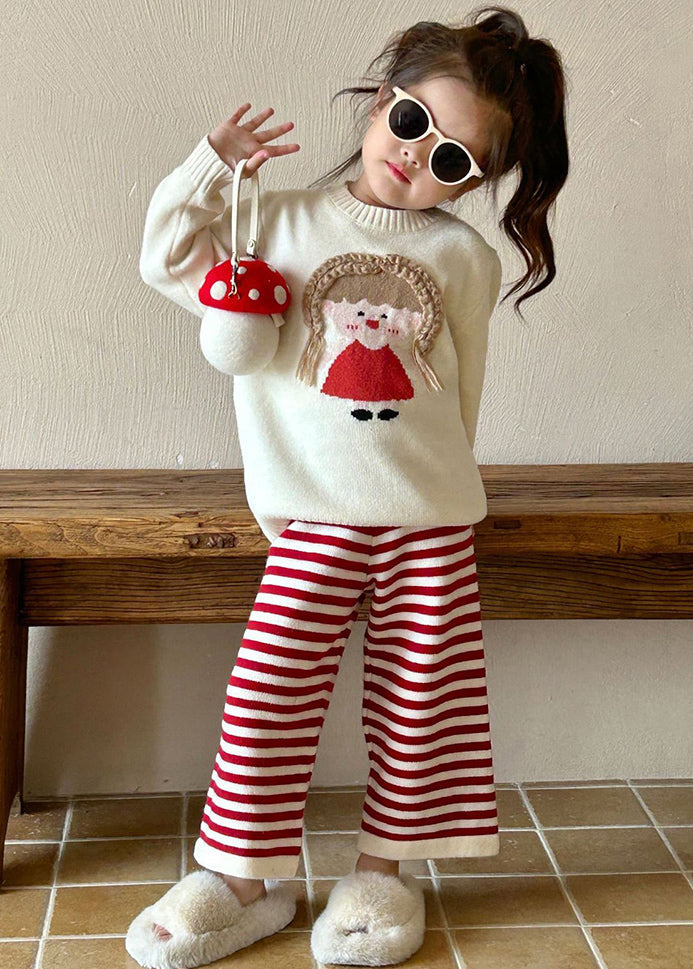 Beige O-neck Character Kids Cotton Knit Sweaters and Flare Trousers Two Pieces Set Spring Tr032