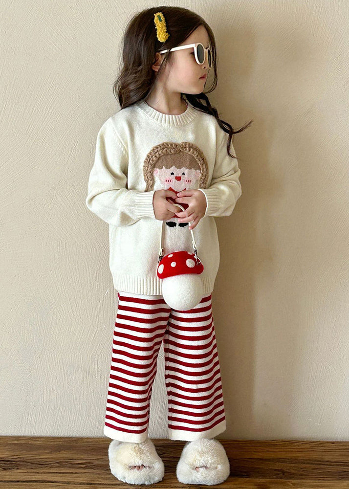 Beige O-neck Character Kids Cotton Knit Sweaters and Flare Trousers Two Pieces Set Spring Tr032