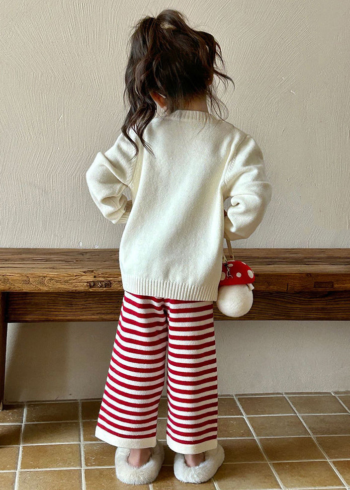 Beige O-neck Character Kids Cotton Knit Sweaters and Flare Trousers Two Pieces Set Spring Tr032