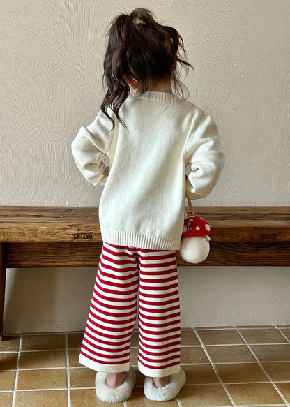 Beige O-neck Character Kids Cotton Knit Sweaters and Flare Trousers Two Pieces Set Spring Tr032