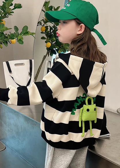 Black White Striped Pockets Hoodies Coats Fall Qv047