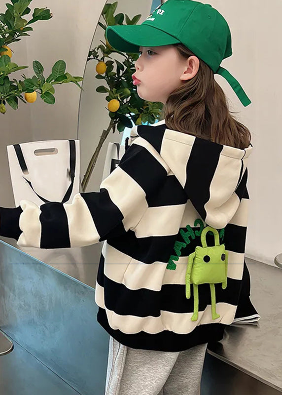 Black White Striped Pockets Hoodies Coats Fall Qv047