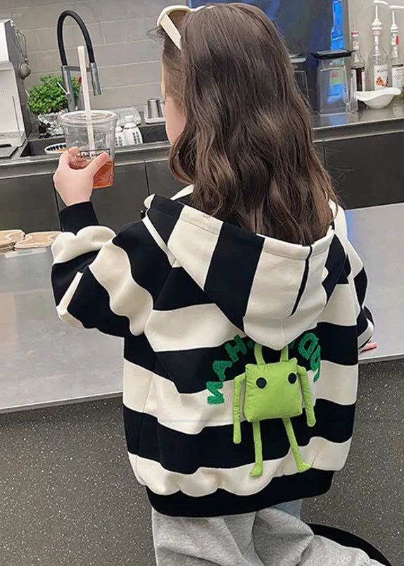 Black White Striped Pockets Hoodies Coats Fall Qv047