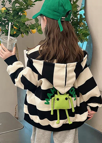 Black White Striped Pockets Hoodies Coats Fall Qv047