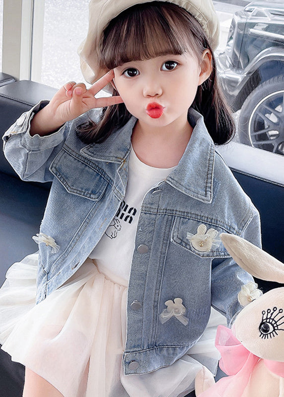 Blue Peter Pan Collar Patchwork Kids Denim Coat Fall Qv035