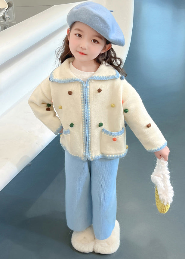 Blue Peter Pan Collar Patchwork Knitted Cotton Cardigans and Crop Pants Two Piece Set Spring Tr025
