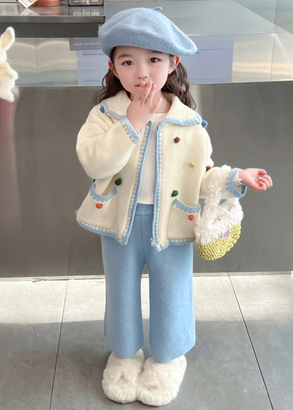 Blue Peter Pan Collar Patchwork Knitted Cotton Cardigans and Crop Pants Two Piece Set Spring Tr025