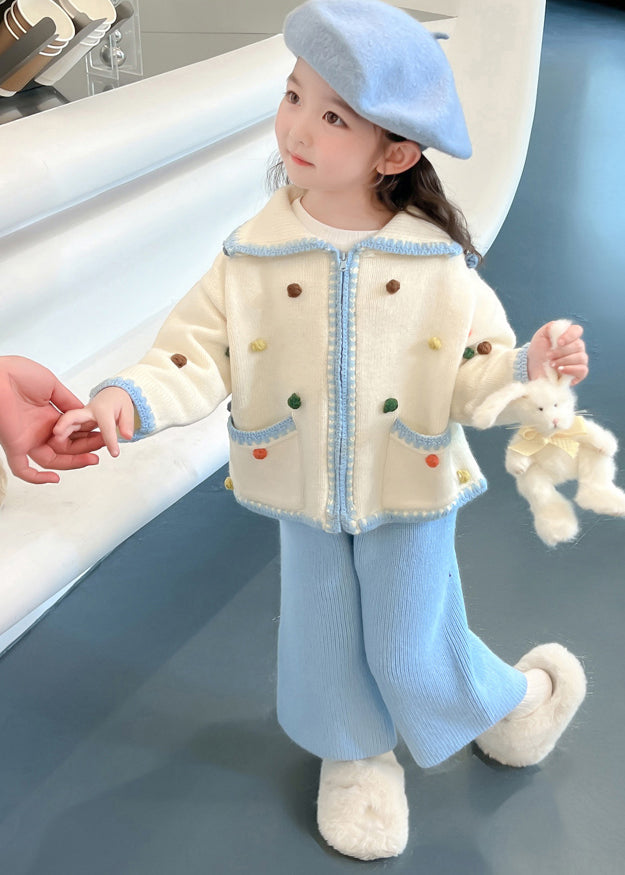 Blue Peter Pan Collar Patchwork Knitted Cotton Cardigans and Crop Pants Two Piece Set Spring Tr025