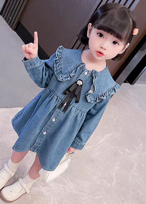 Blue Ruffled Button Shirt Long Dress Long Sleeve Xz011