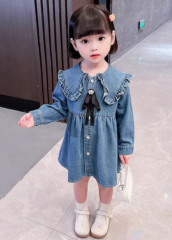 Blue Ruffled Button Shirt Long Dress Long Sleeve Xz011