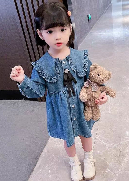 Blue Ruffled Button Shirt Long Dress Long Sleeve Xz011