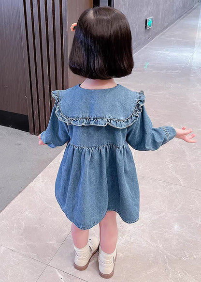 Blue Ruffled Button Shirt Long Dress Long Sleeve Xz011