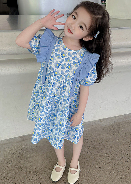 Blue Ruffled Print Cotton Long Dress Summer Tt015
