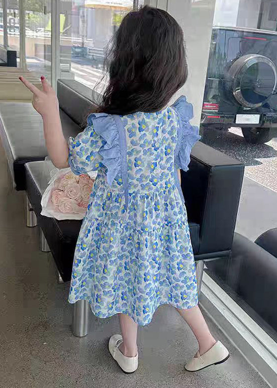 Blue Ruffled Print Cotton Long Dress Summer Tt015