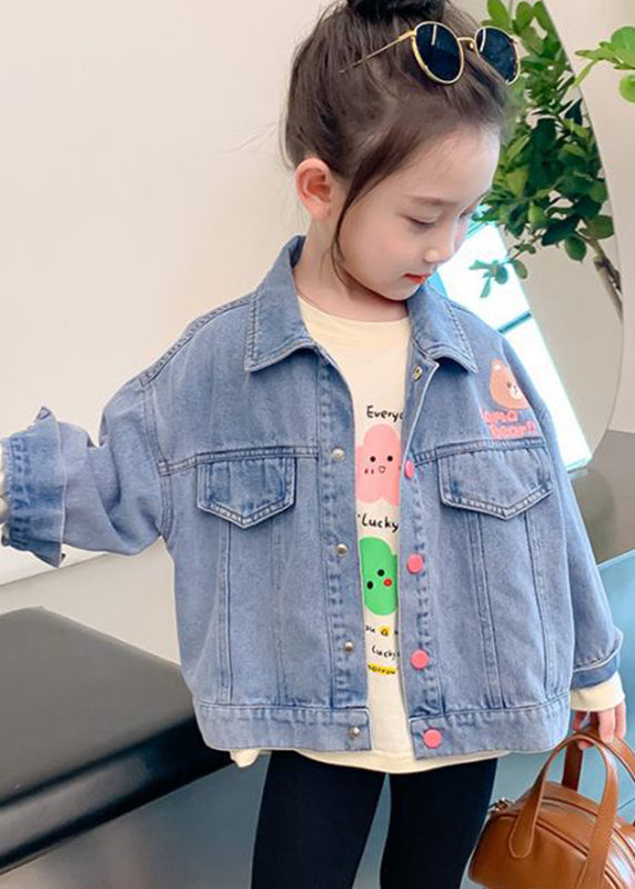 Denim Blue Print Patchwork Pockets Coats Fall Qv043