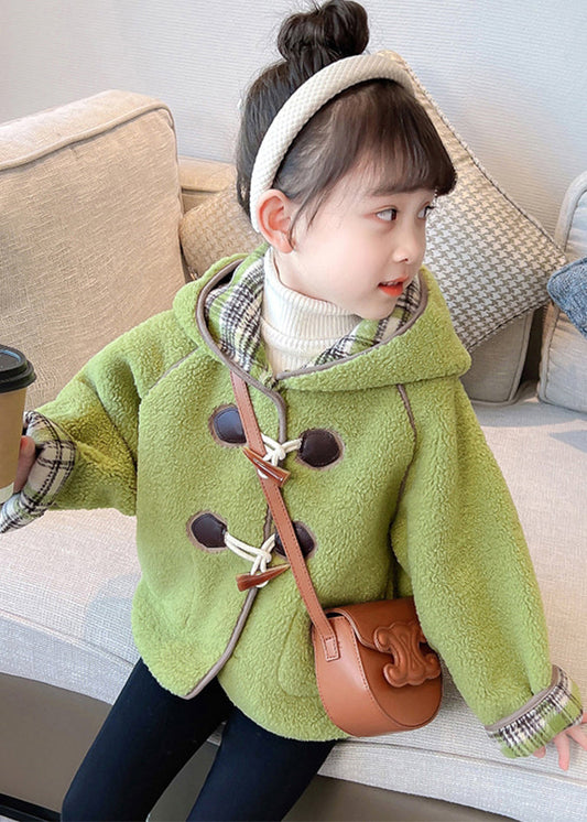 Green Patchwork Button Kids Hooded Coat Winter Wl027