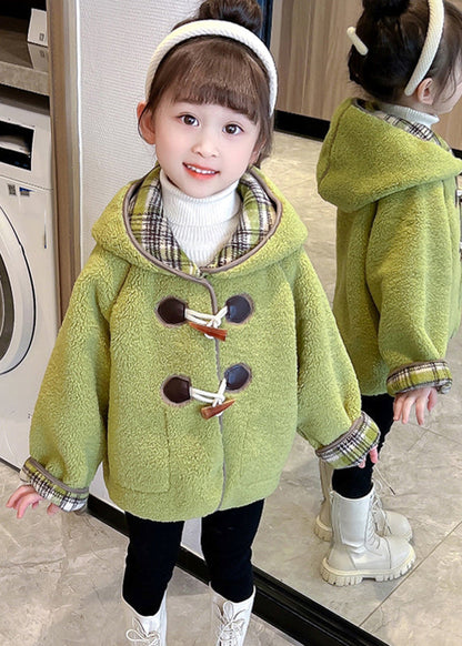 Green Patchwork Button Kids Hooded Coat Winter Wl027