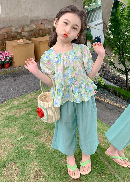 Green Square Collar Print Patchwork Kids Top and Crop Pants Two Pieces Set Summer Ss1022