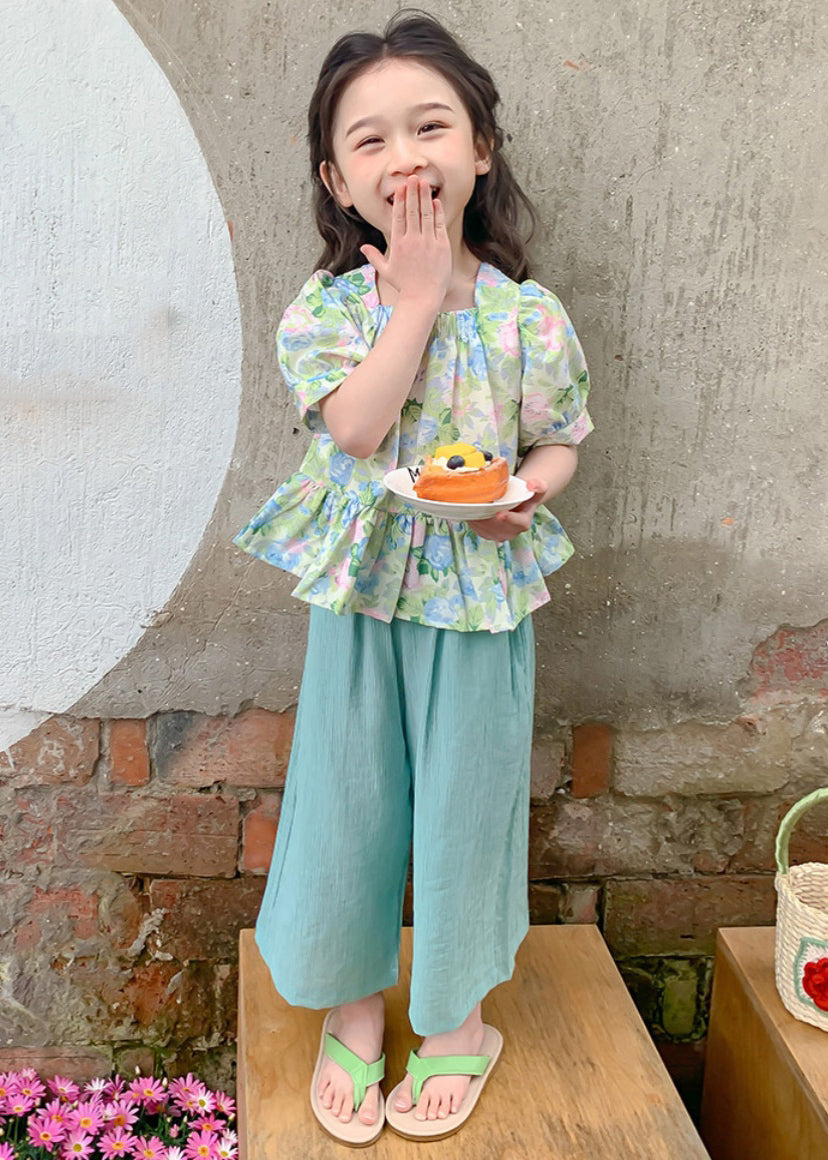 Green Square Collar Print Patchwork Kids Top and Crop Pants Two Pieces Set Summer Ss1022