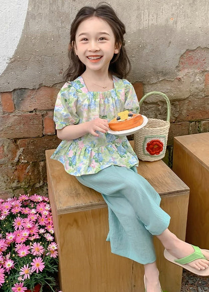 Green Square Collar Print Patchwork Kids Top and Crop Pants Two Pieces Set Summer Ss1022