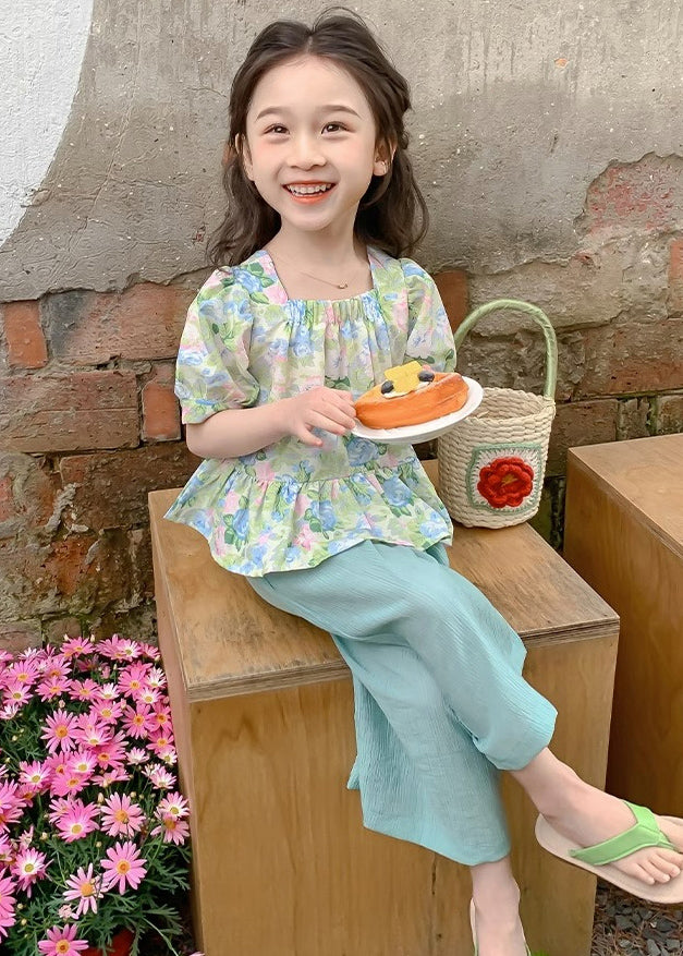 Green Square Collar Print Patchwork Kids Top and Crop Pants Two Pieces Set Summer Ss1022