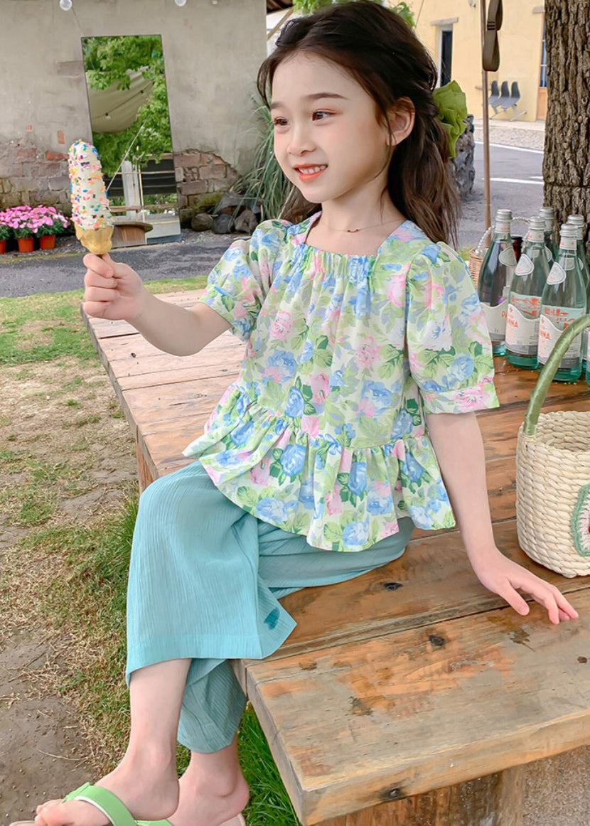 Green Square Collar Print Patchwork Kids Top and Crop Pants Two Pieces Set Summer Ss1022