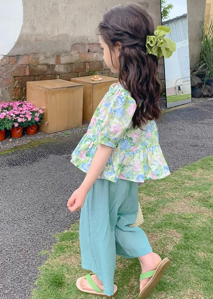 Green Square Collar Print Patchwork Kids Top and Crop Pants Two Pieces Set Summer Ss1022