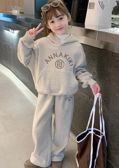Grey Kids Fleece Hooded Sweatshirt and Wide Leg Pants Two Pieces Set Spring Tr013