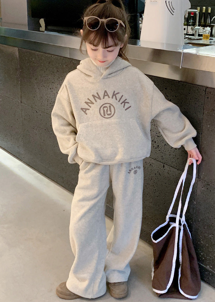 Grey Kids Fleece Hooded Sweatshirt and Wide Leg Pants Two Pieces Set Spring Tr013