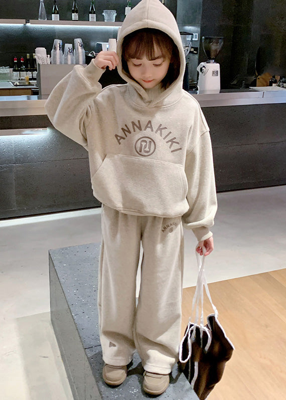 Grey Kids Fleece Hooded Sweatshirt and Wide Leg Pants Two Pieces Set Spring Tr013