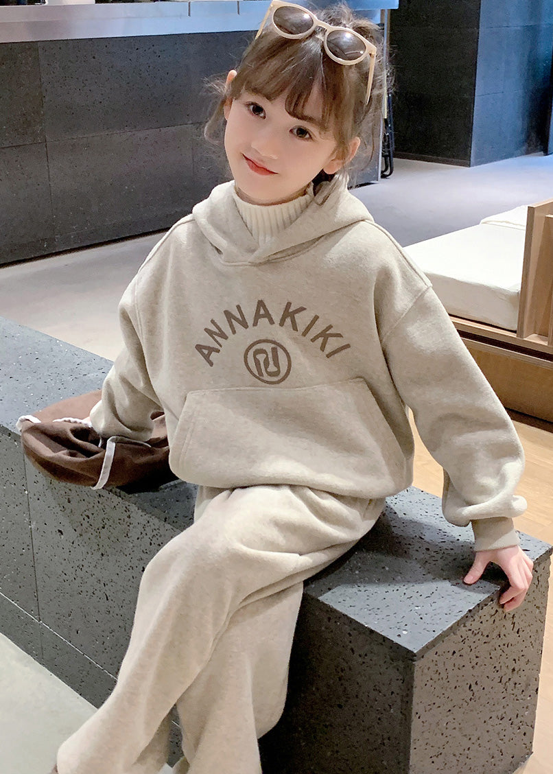 Grey Kids Fleece Hooded Sweatshirt and Wide Leg Pants Two Pieces Set Spring Tr013