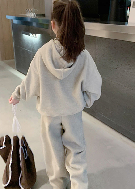 Grey Kids Fleece Hooded Sweatshirt and Wide Leg Pants Two Pieces Set Spring Tr013
