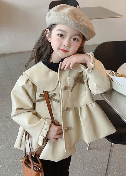 Khaki Peter Pan Collar Wrinkled Button Kids Trench Coats Fall Qv030