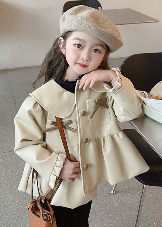 Khaki Peter Pan Collar Wrinkled Button Kids Trench Coats Fall Qv030