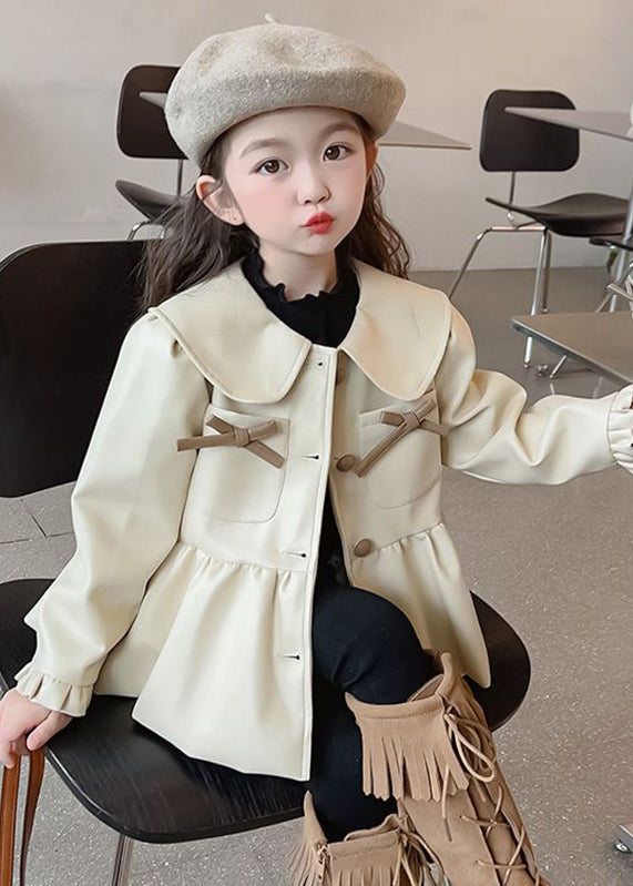 Khaki Peter Pan Collar Wrinkled Button Kids Trench Coats Fall Qv030