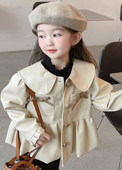 Khaki Peter Pan Collar Wrinkled Button Kids Trench Coats Fall Qv030