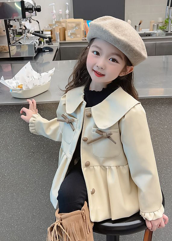 Khaki Peter Pan Collar Wrinkled Button Kids Trench Coats Fall Qv030