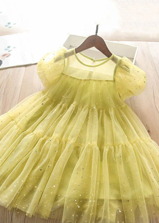 Light Green O-neck Sequins Tulle Kids Long Dress Short Sleeve Ew010