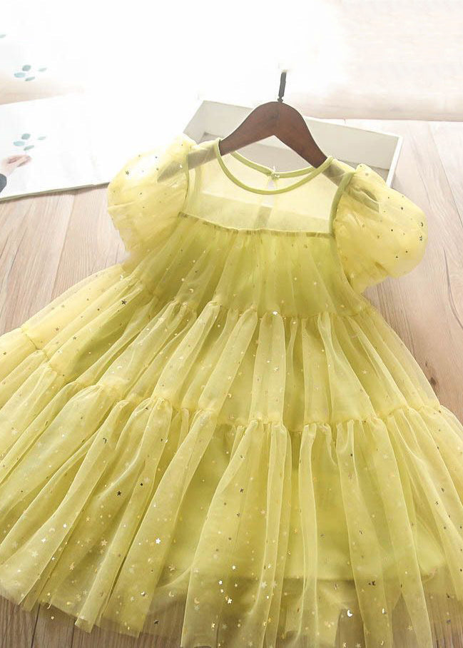 Light Green O-neck Sequins Tulle Kids Long Dress Short Sleeve Ew010